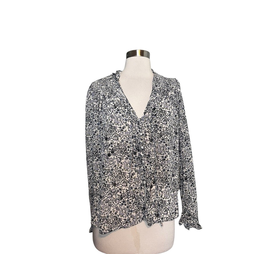 FREE PEOPLE Women's Top Medium Blue Floral Peasant Top Semi Sheer